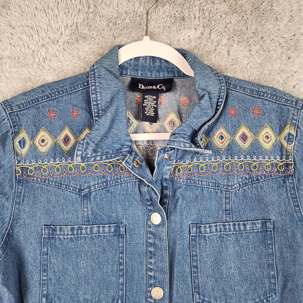 Vintage Denim & Co Denim Jacket Womens Medium Blue Embroidered Western 90s Rodeo
